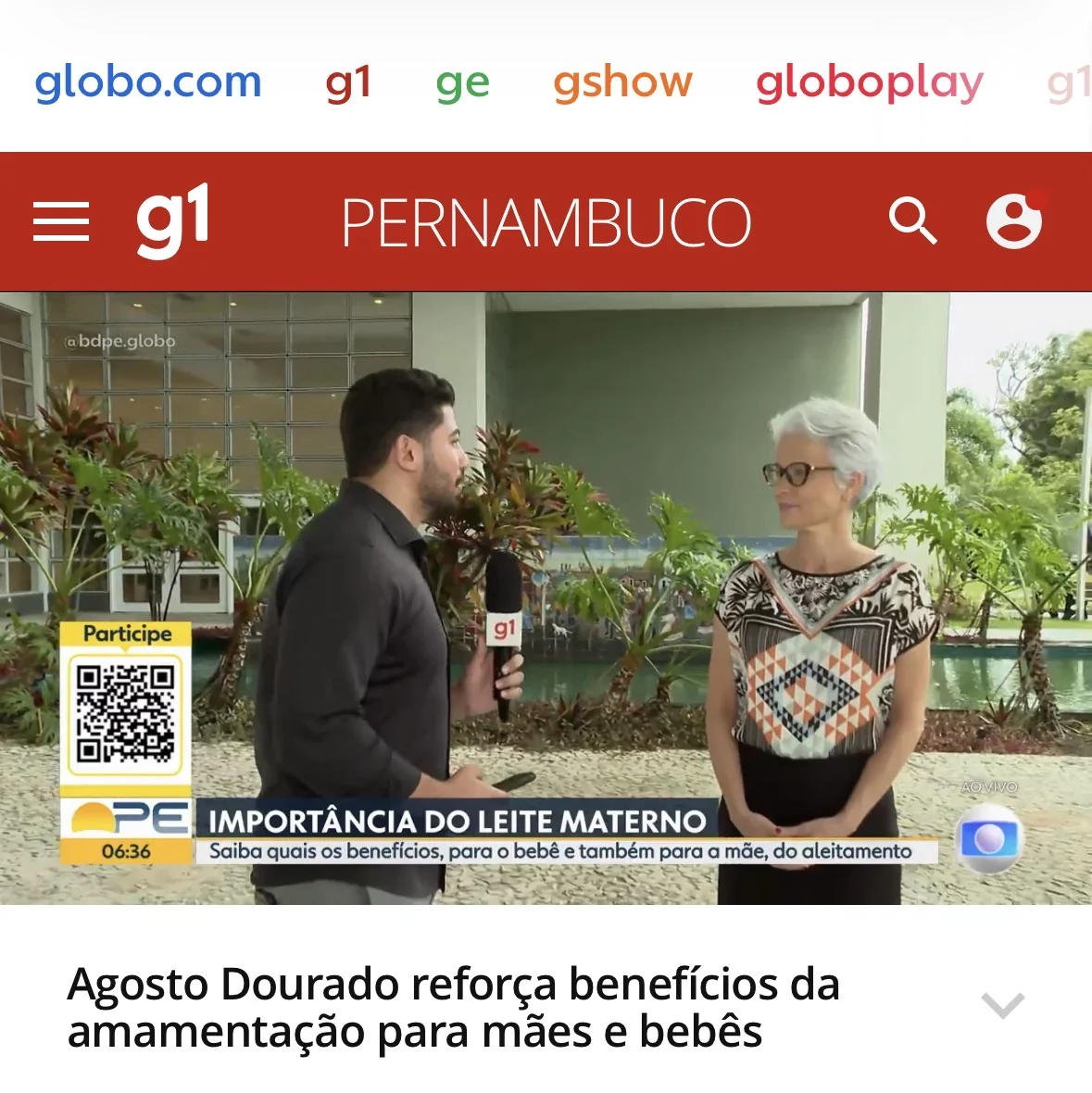 Registro da atividade Entrevista ao Bom Dia PE: benefícios da amamentação para mãe e bebê, enviado por Katia Galeão Brandt